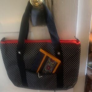 Black Polka Dot Tote with Red Trim and Front Pocket Accent